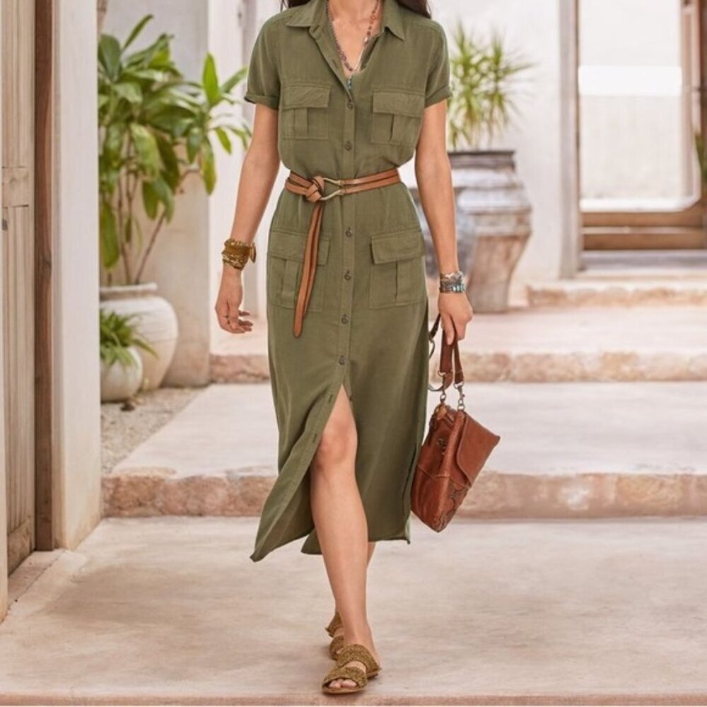 Sundance Harper Button Front Lyocell Midi Dress Olive Green Sz XS